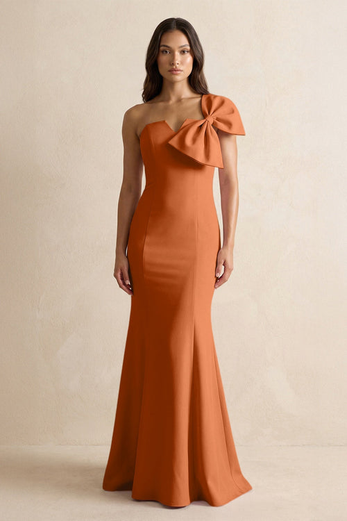 Bow Mermaid One Shoulder Bridesmaid Dress in Brown - KissProm Bridesmaid Dresses