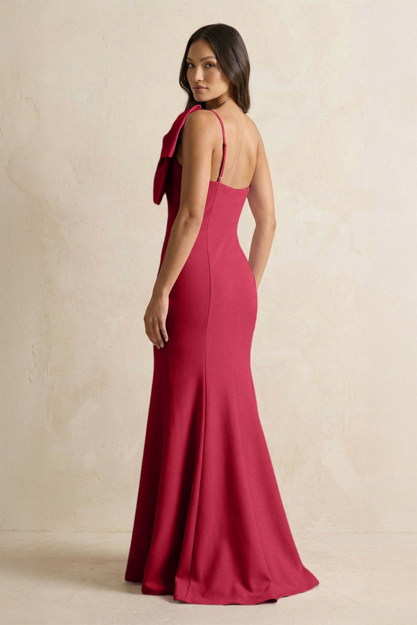 Bow Mermaid One Shoulder Bridesmaid Dress in Burgundy - KissProm Bridesmaid Dresses