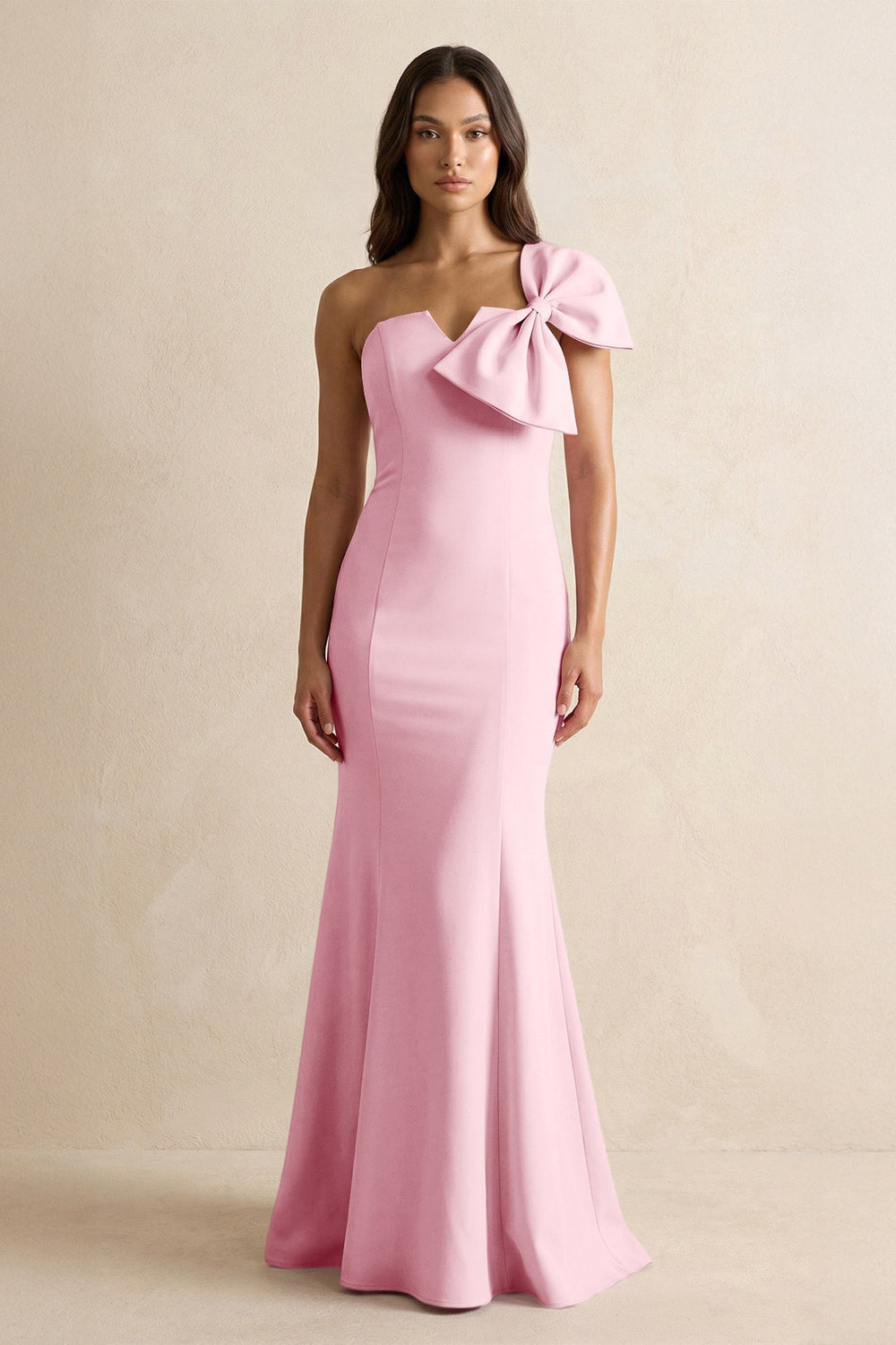 Bow Mermaid One Shoulder Bridesmaid Dress in Candy Pink - KissProm Bridesmaid Dresses