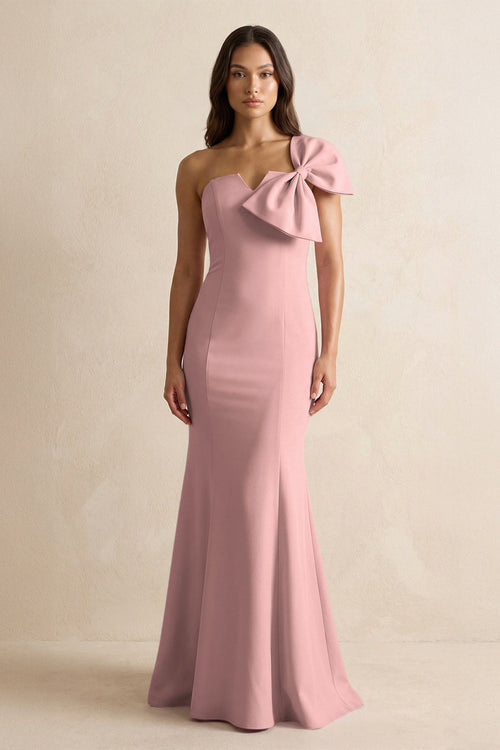 Bow Mermaid One Shoulder Bridesmaid Dress in Champagne Rose - KissProm Bridesmaid Dresses
