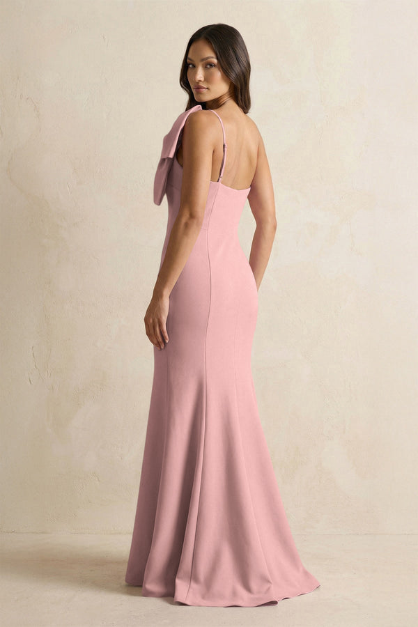 Bow Mermaid One Shoulder Bridesmaid Dress in Champagne Rose - KissProm Bridesmaid Dresses