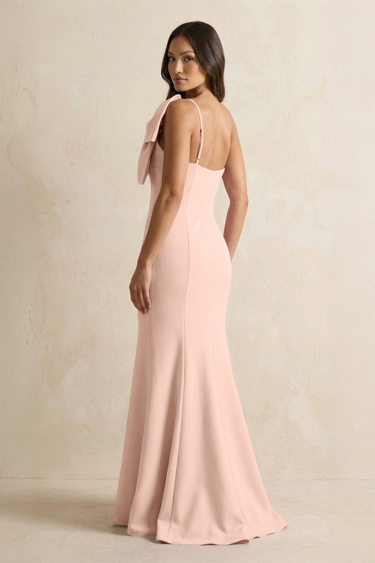 KissProm Bow Mermaid One Shoulder Bridesmaid Dress in Coral Pink, Coral Pink / 0