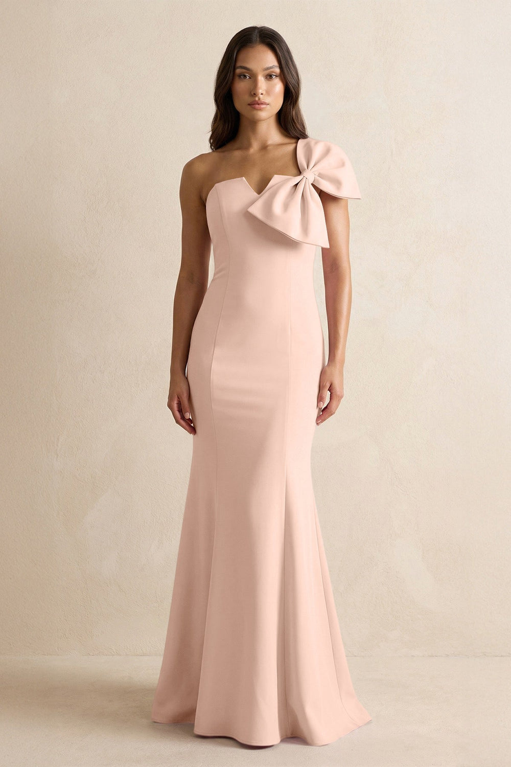 Bow Mermaid One Shoulder Bridesmaid Dress in Coral Pink - KissProm Bridesmaid Dresses
