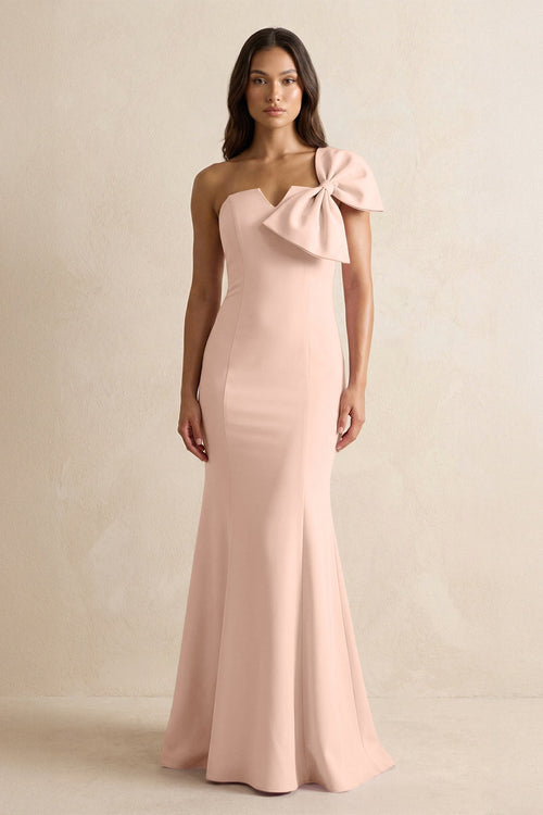 Bow Mermaid One Shoulder Bridesmaid Dress in Coral Pink - KissProm Bridesmaid Dresses