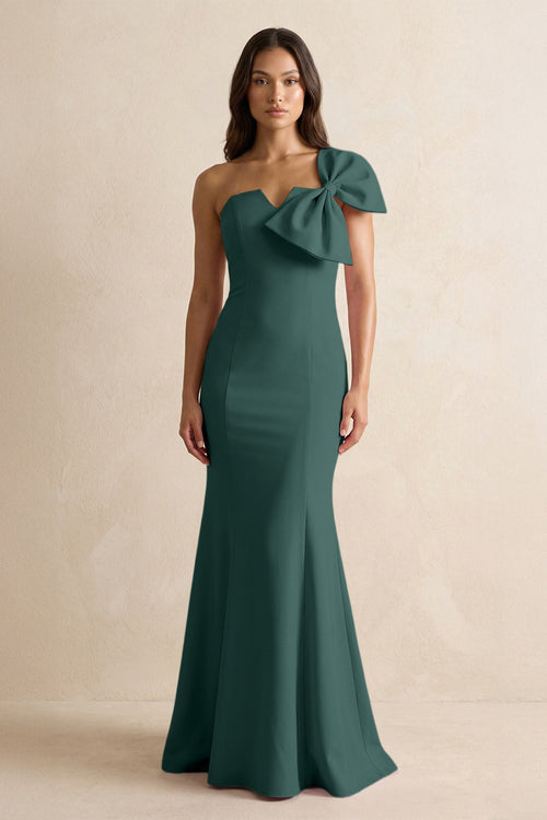 Bow Mermaid One Shoulder Bridesmaid Dress in Dark Green - KissProm Bridesmaid Dresses