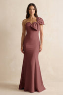 Bow Mermaid One Shoulder Bridesmaid Dress in Desert Rose - KissProm Bridesmaid Dresses