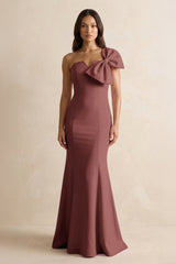 Bow Mermaid One Shoulder Bridesmaid Dress in Desert Rose - KissProm Bridesmaid Dresses