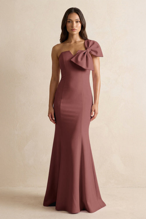 Bow Mermaid One Shoulder Bridesmaid Dress in Desert Rose - KissProm Bridesmaid Dresses