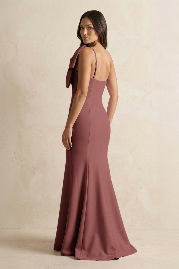 Bow Mermaid One Shoulder Bridesmaid Dress in Desert Rose - KissProm Bridesmaid Dresses