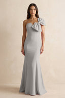 Bow Mermaid One Shoulder Bridesmaid Dress in Dove Gray - KissProm Bridesmaid Dresses