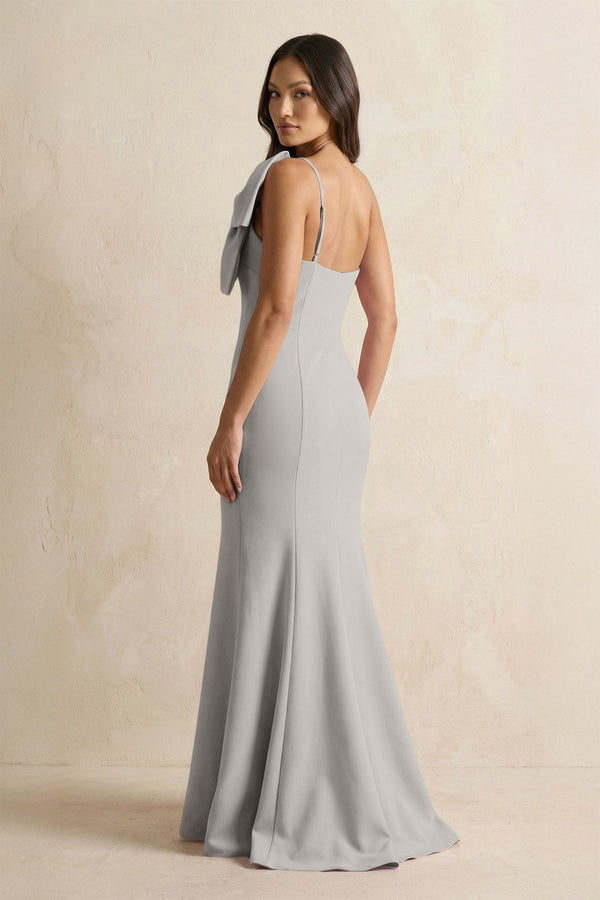 Bow Mermaid One Shoulder Bridesmaid Dress in Dove Gray - KissProm Bridesmaid Dresses