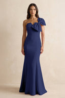 Bow Mermaid One Shoulder Bridesmaid Dress in Dusk Blue - KissProm Bridesmaid Dresses