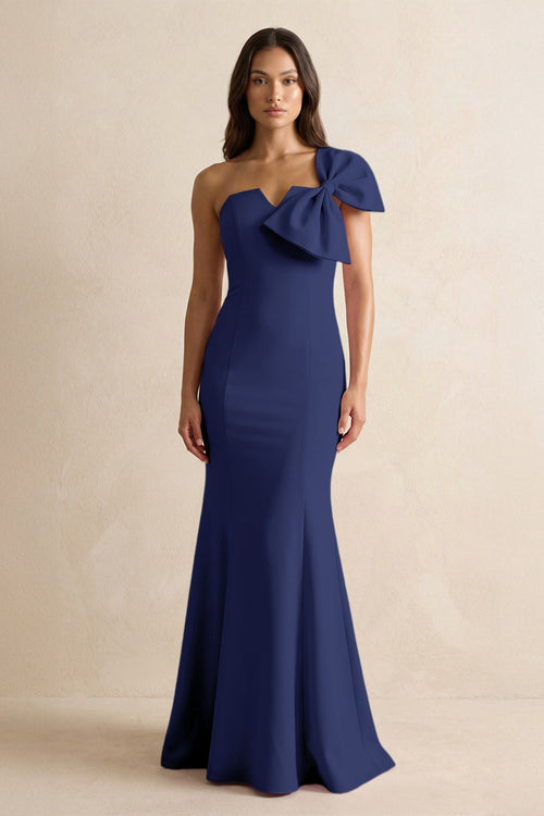 Bow Mermaid One Shoulder Bridesmaid Dress in Dusk Blue - KissProm Bridesmaid Dresses