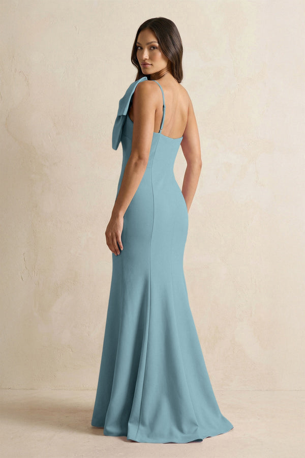 Bow Mermaid One Shoulder Bridesmaid Dress in Dusty Blue - KissProm Bridesmaid Dresses