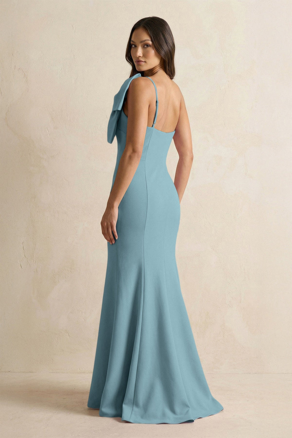 Bow Mermaid One Shoulder Bridesmaid Dress in Dusty Blue - KissProm Bridesmaid Dresses