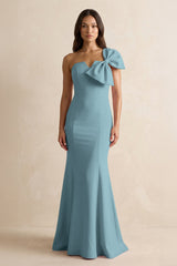 Bow Mermaid One Shoulder Bridesmaid Dress in Dusty Blue - KissProm Bridesmaid Dresses