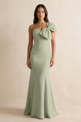 Bow Mermaid One Shoulder Bridesmaid Dress in Dusty Sage - KissProm Bridesmaid Dresses
