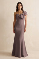 Bow Mermaid One Shoulder Bridesmaid Dress in Espresso - KissProm Bridesmaid Dresses