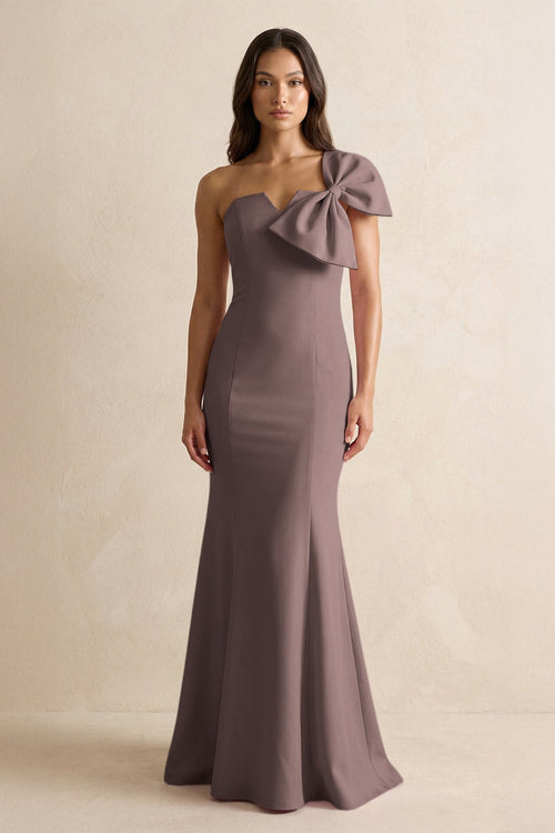 Bow Mermaid One Shoulder Bridesmaid Dress in Espresso - KissProm Bridesmaid Dresses