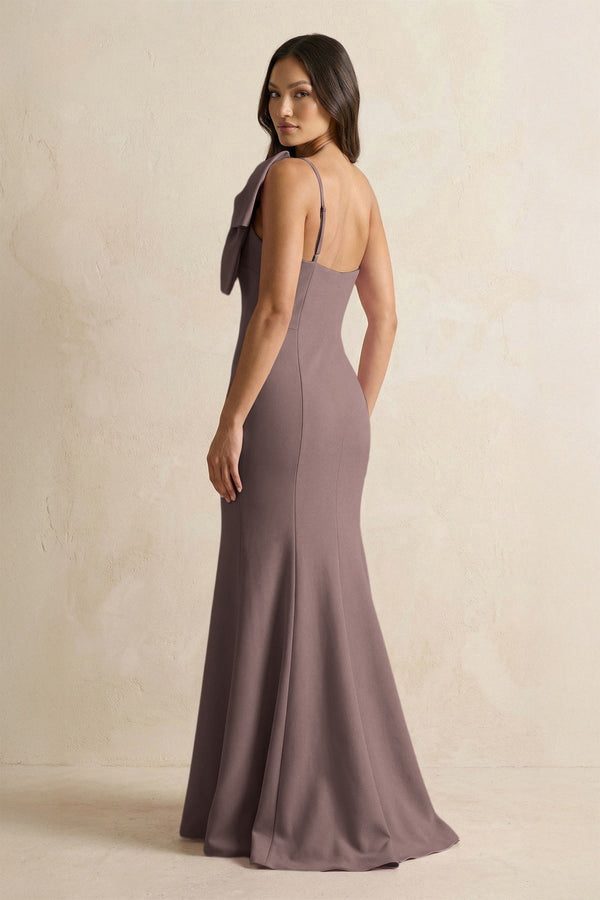 Bow Mermaid One Shoulder Bridesmaid Dress in Espresso - KissProm Bridesmaid Dresses