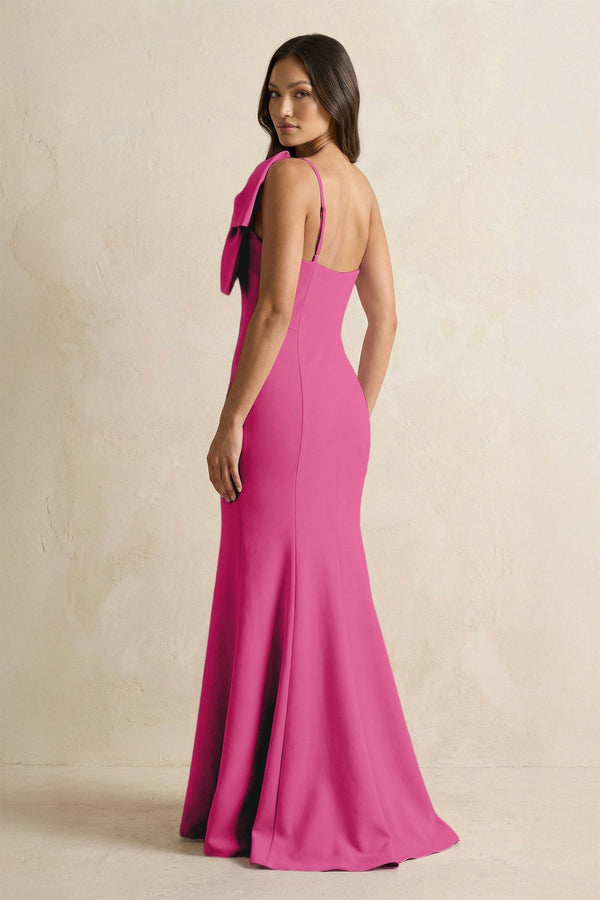 Bow Mermaid One Shoulder Bridesmaid Dress in Fuchsia - KissProm Bridesmaid Dresses