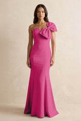 Bow Mermaid One Shoulder Bridesmaid Dress in Fuchsia - KissProm Bridesmaid Dresses