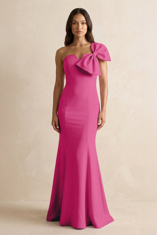 Bow Mermaid One Shoulder Bridesmaid Dress in Fuchsia - KissProm Bridesmaid Dresses