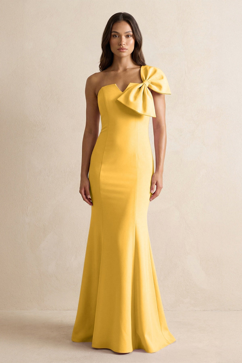 Bow Mermaid One Shoulder Bridesmaid Dress in Marigold - KissProm Bridesmaid Dresses