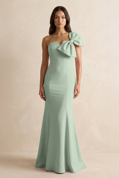 Bow Mermaid One Shoulder Bridesmaid Dress in Matcha - KissProm Bridesmaid Dresses