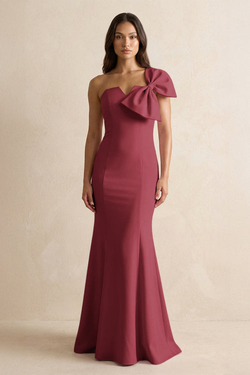 Bow Mermaid One Shoulder Bridesmaid Dress in Merlot - KissProm Bridesmaid Dresses