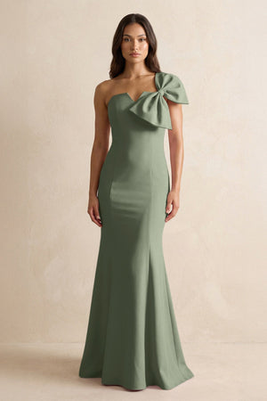 Bow Mermaid One Shoulder Bridesmaid Dress in Moss Green - KissProm Bridesmaid Dresses