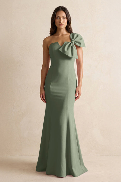 Bow Mermaid One Shoulder Bridesmaid Dress in Moss Green - KissProm Bridesmaid Dresses