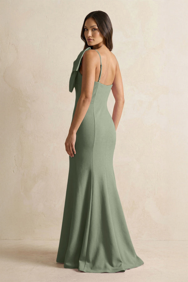 Bow Mermaid One Shoulder Bridesmaid Dress in Moss Green - KissProm Bridesmaid Dresses