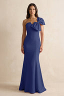 Bow Mermaid One Shoulder Bridesmaid Dress in Navy - KissProm Bridesmaid Dresses