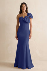 Bow Mermaid One Shoulder Bridesmaid Dress in Navy - KissProm Bridesmaid Dresses