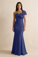 Bow Mermaid One Shoulder Bridesmaid Dress in Navy - KissProm Bridesmaid Dresses