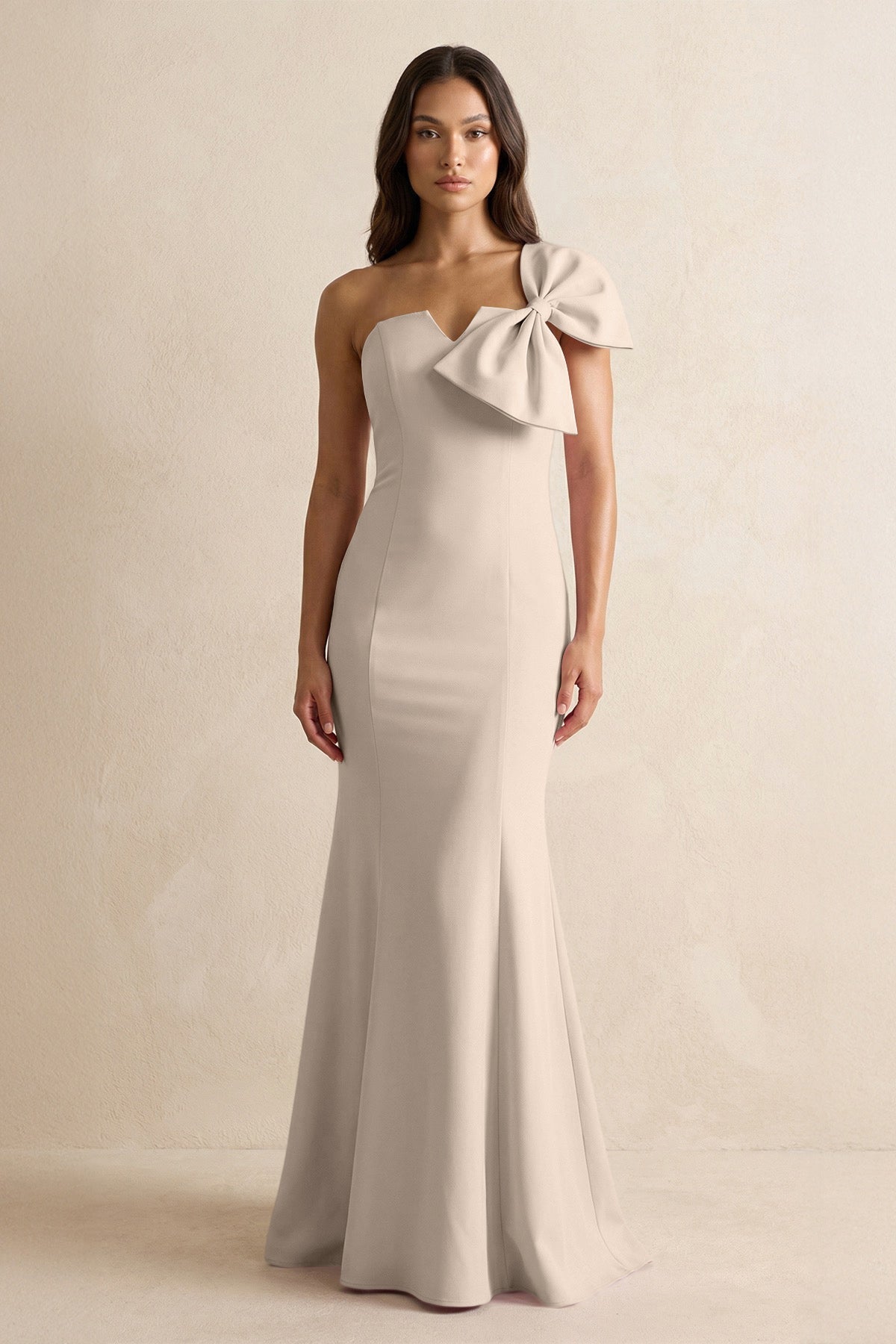KissProm Bow Mermaid One Shoulder Bridesmaid Dress in Champagne, Champagne / 12