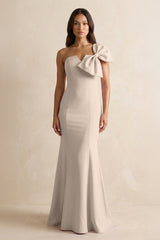 Bow Mermaid One Shoulder Bridesmaid Dress in Neutral Champagne - KissProm Bridesmaid Dresses