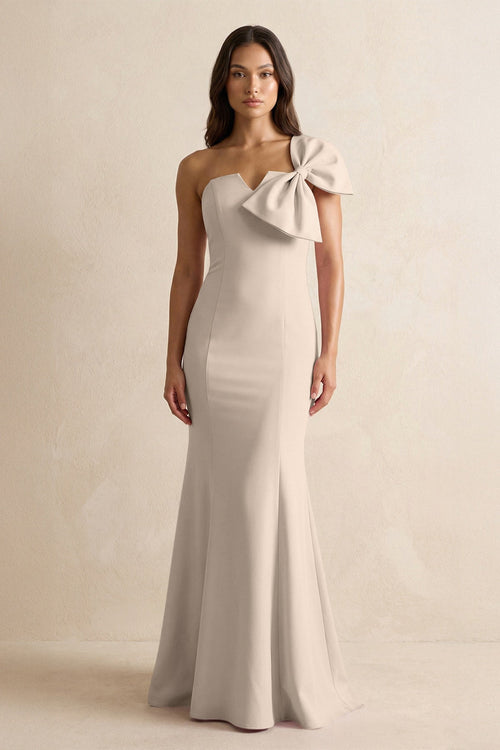 Bow Mermaid One Shoulder Bridesmaid Dress in Neutral Champagne - KissProm Bridesmaid Dresses