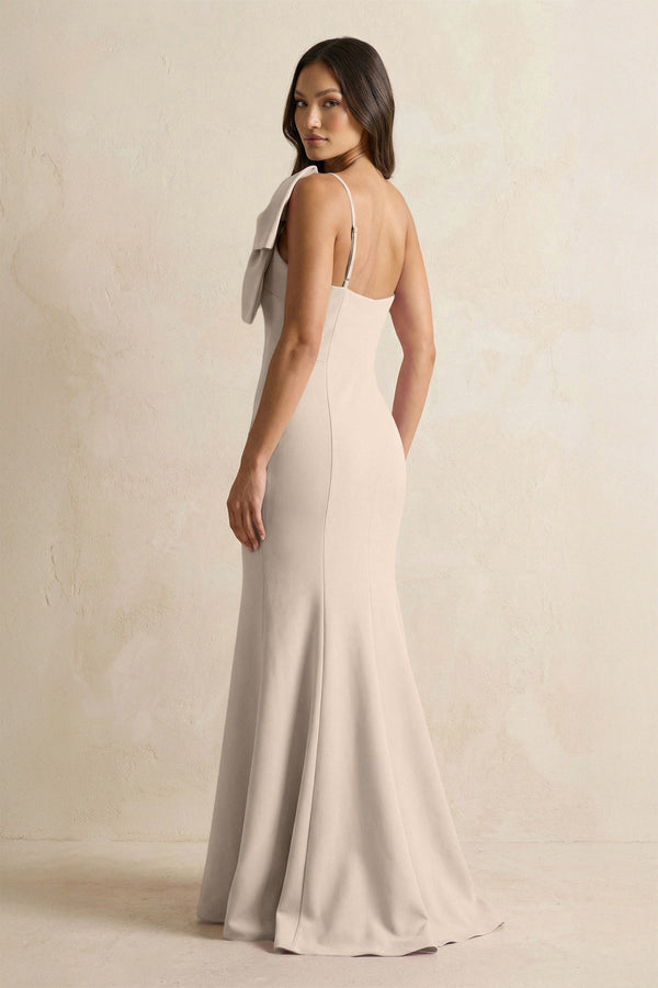 Bow Mermaid One Shoulder Bridesmaid Dress in Neutral Champagne - KissProm Bridesmaid Dresses