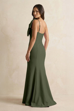 Bow Mermaid One Shoulder Bridesmaid Dress in Olive - KissProm Bridesmaid Dresses