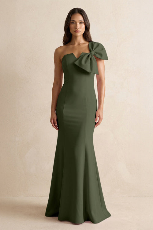 Bow Mermaid One Shoulder Bridesmaid Dress in Olive - KissProm Bridesmaid Dresses
