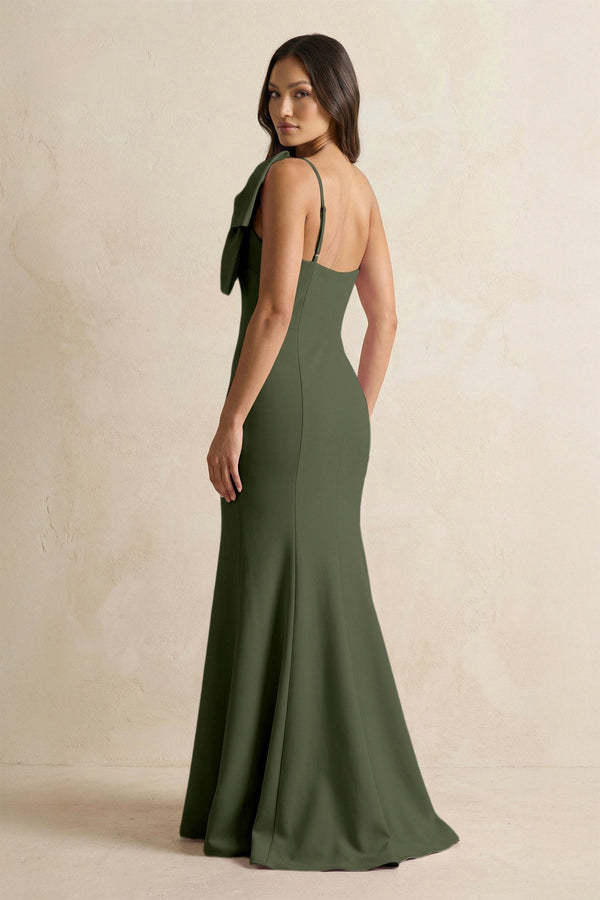 Bow Mermaid One Shoulder Bridesmaid Dress in Olive - KissProm Bridesmaid Dresses