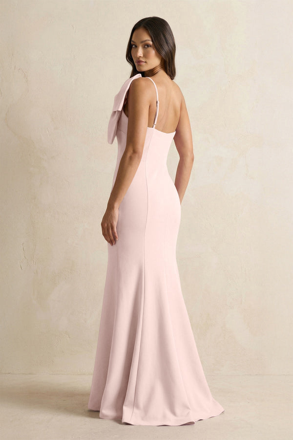 Bow Mermaid One Shoulder Bridesmaid Dress in Pale Blush - KissProm Bridesmaid Dresses