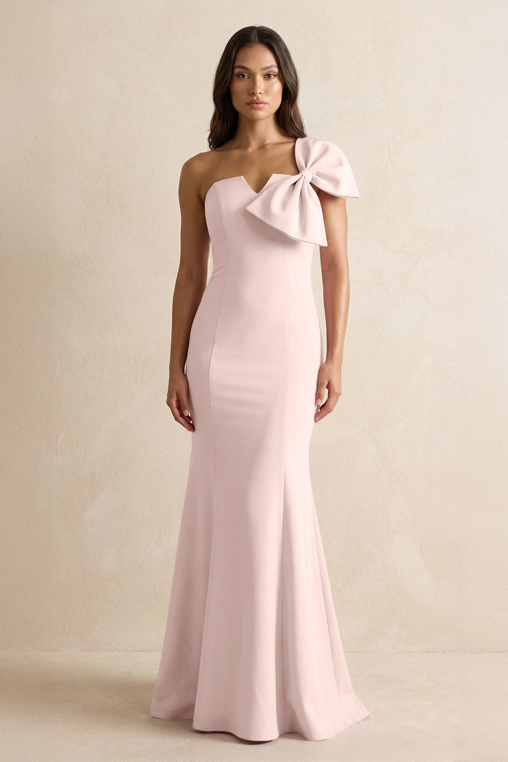 Bow Mermaid One Shoulder Bridesmaid Dress in Pale Blush - KissProm Bridesmaid Dresses