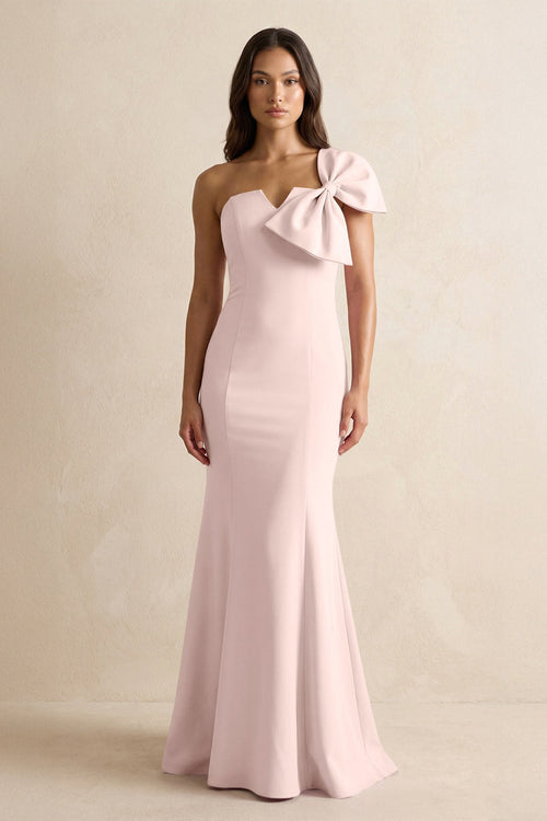 Bow Mermaid One Shoulder Bridesmaid Dress in Pale Blush - KissProm Bridesmaid Dresses