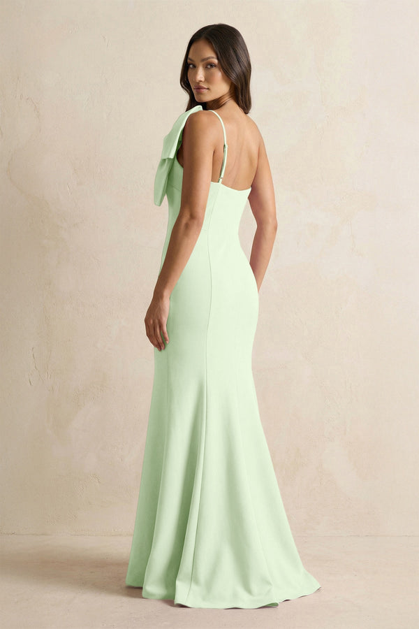 Bow Mermaid One Shoulder Bridesmaid Dress in Pale Pistachio - KissProm Bridesmaid Dresses