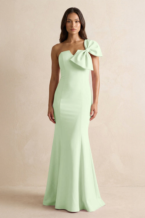 Bow Mermaid One Shoulder Bridesmaid Dress in Pale Pistachio - KissProm Bridesmaid Dresses