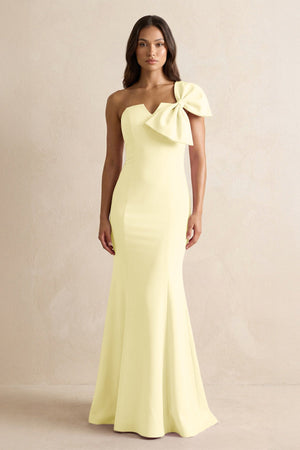 Bow Mermaid One Shoulder Bridesmaid Dress in Pastel Yellow - KissProm Bridesmaid Dresses