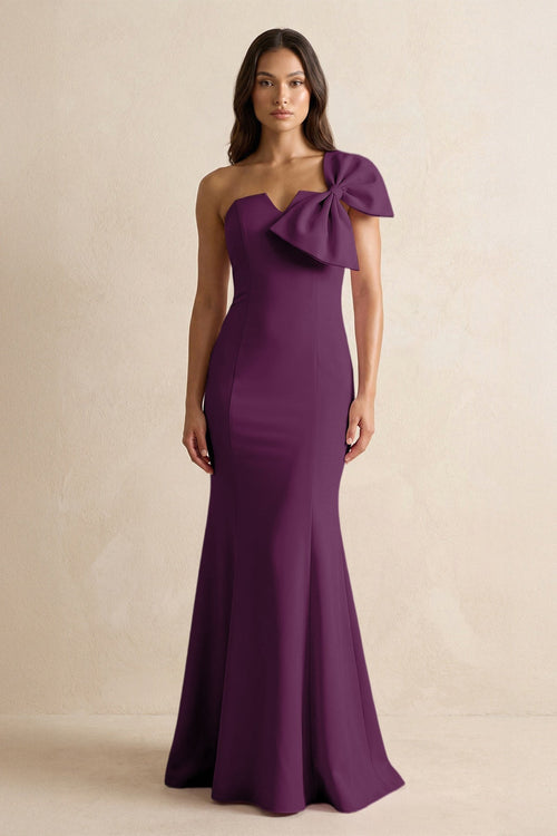 Bow Mermaid One Shoulder Bridesmaid Dress in Plum - KissProm Bridesmaid Dresses